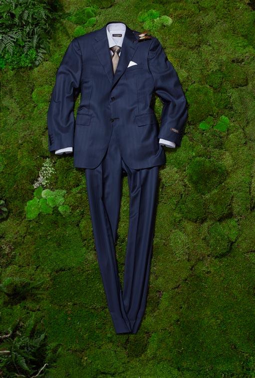 CANALI C-soft subtle stripe suit in navy, $1795. Two-tone micro gingham shirt in blue & gray, $248. Textured solid tie in medium brown, $140.